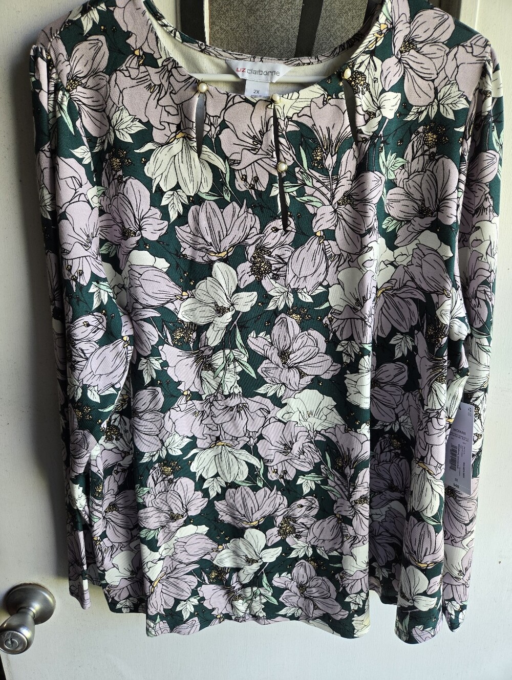 Liz Claiborne Green Floral Scoop Neck Long Sleeve Top with Pink Flowers NWT